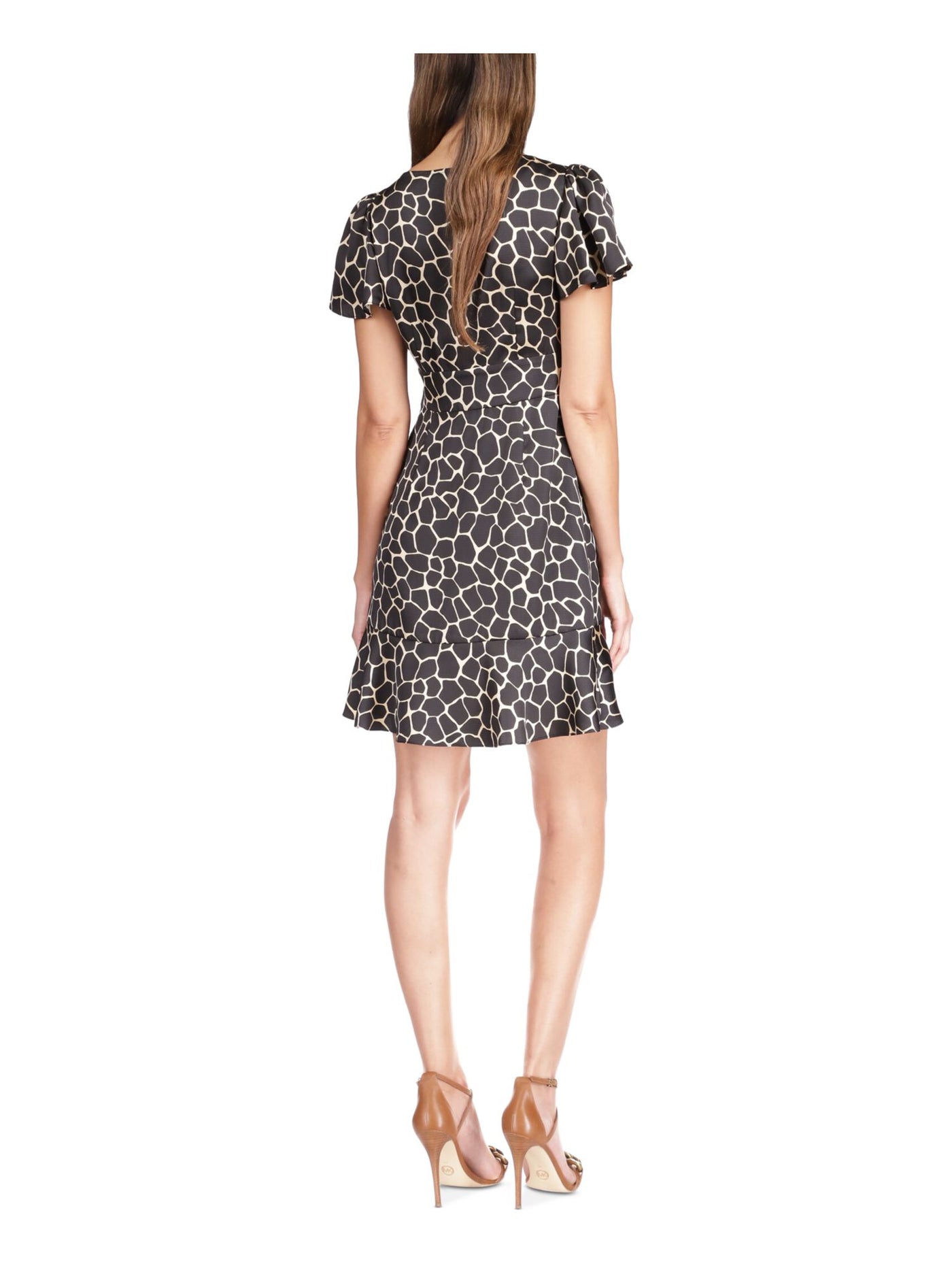 MICHAEL MICHAEL KORS Womens Beige Cut Out Unlined Tie Detail Ruched Pullover Animal Print Flutter Sleeve V Neck Short Fit + Flare Dress 10