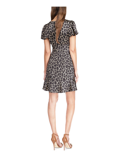 MICHAEL MICHAEL KORS Womens Beige Cut Out Unlined Tie Detail Ruched Pullover Animal Print Flutter Sleeve V Neck Short Fit + Flare Dress 10