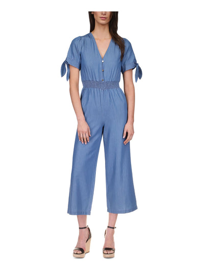 MICHAEL MICHAEL KORS Womens Blue Smocked Pull-on Button Front Tie Cuffs Short Sleeve V Neck High Waist Jumpsuit S