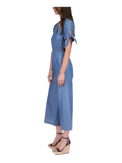 MICHAEL MICHAEL KORS Womens Blue Smocked Pull-on Button Front Tie Cuffs Short Sleeve V Neck High Waist Jumpsuit M