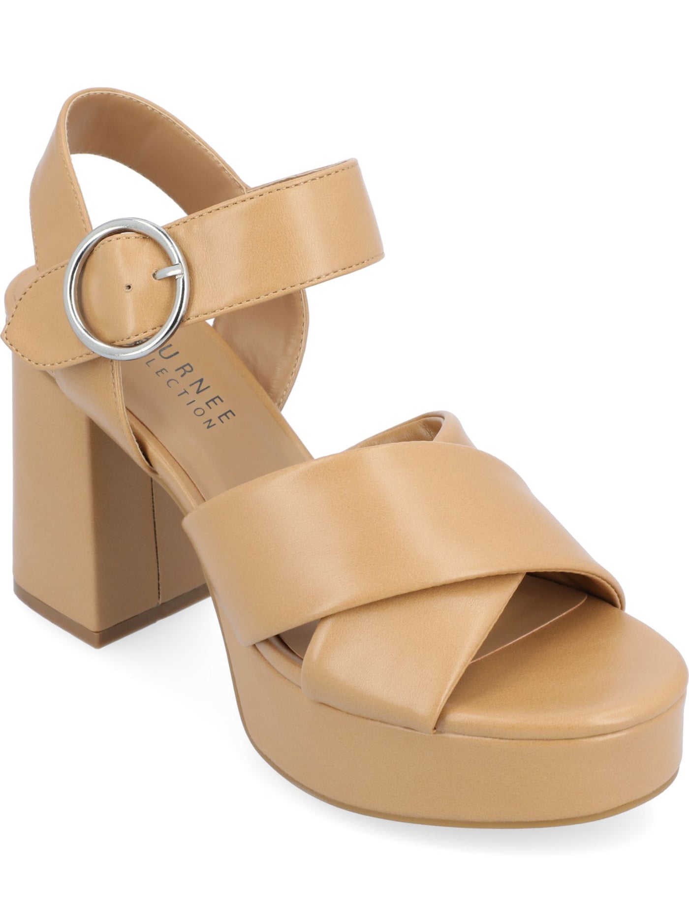 JOURNEE COLLECTION Womens Beige 1" Platform Padded Ankle Strap Strappy Akeely Round Toe Block Heel Buckle Dress Heeled Sandal 6.5