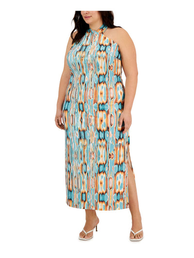 RACHEL RACHEL ROY Womens Turquoise Zippered Printed Sleeveless Halter Maxi Shift Dress Plus 1X
