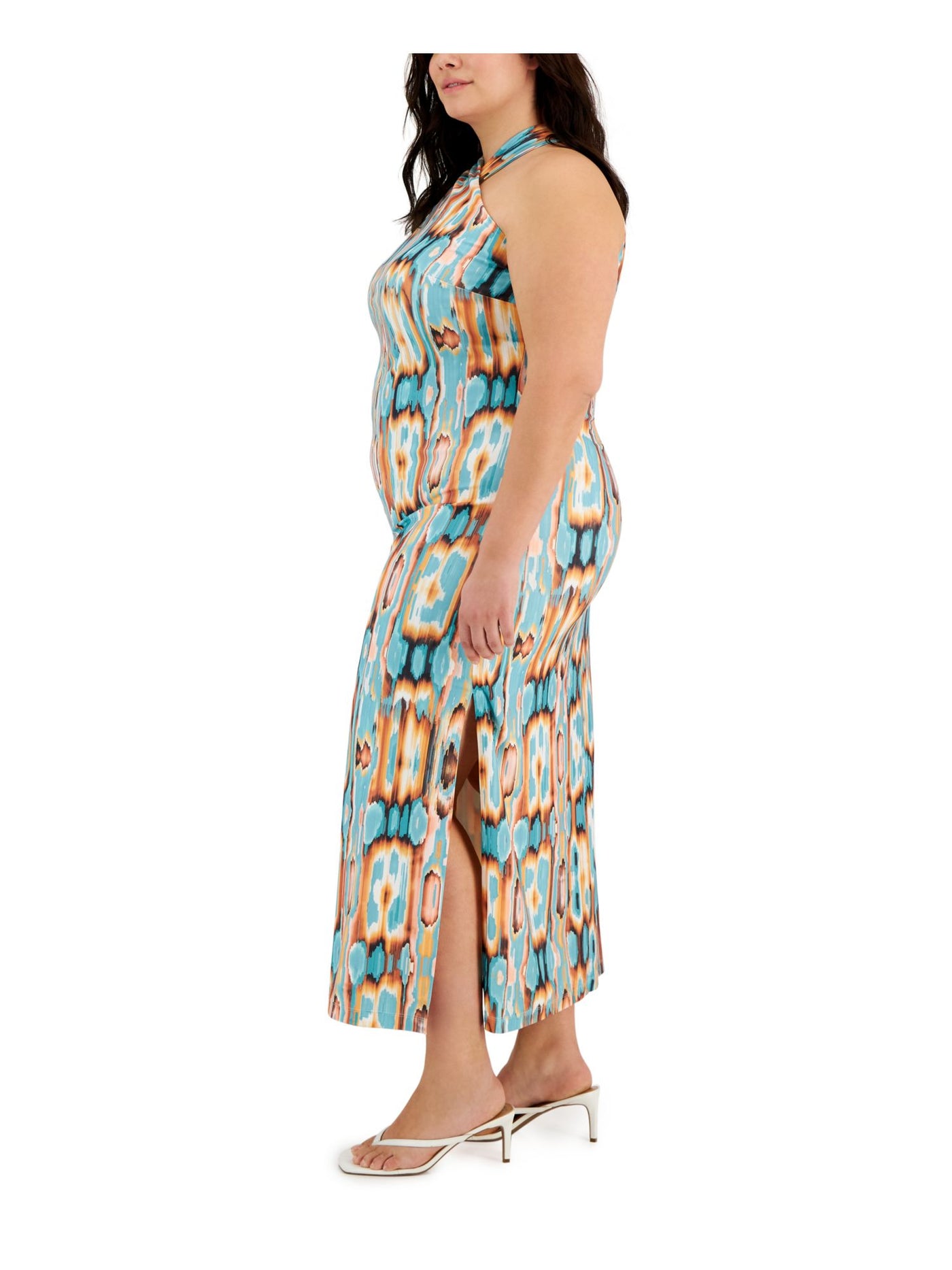 RACHEL RACHEL ROY Womens Turquoise Zippered Printed Sleeveless Halter Maxi Shift Dress Plus 1X