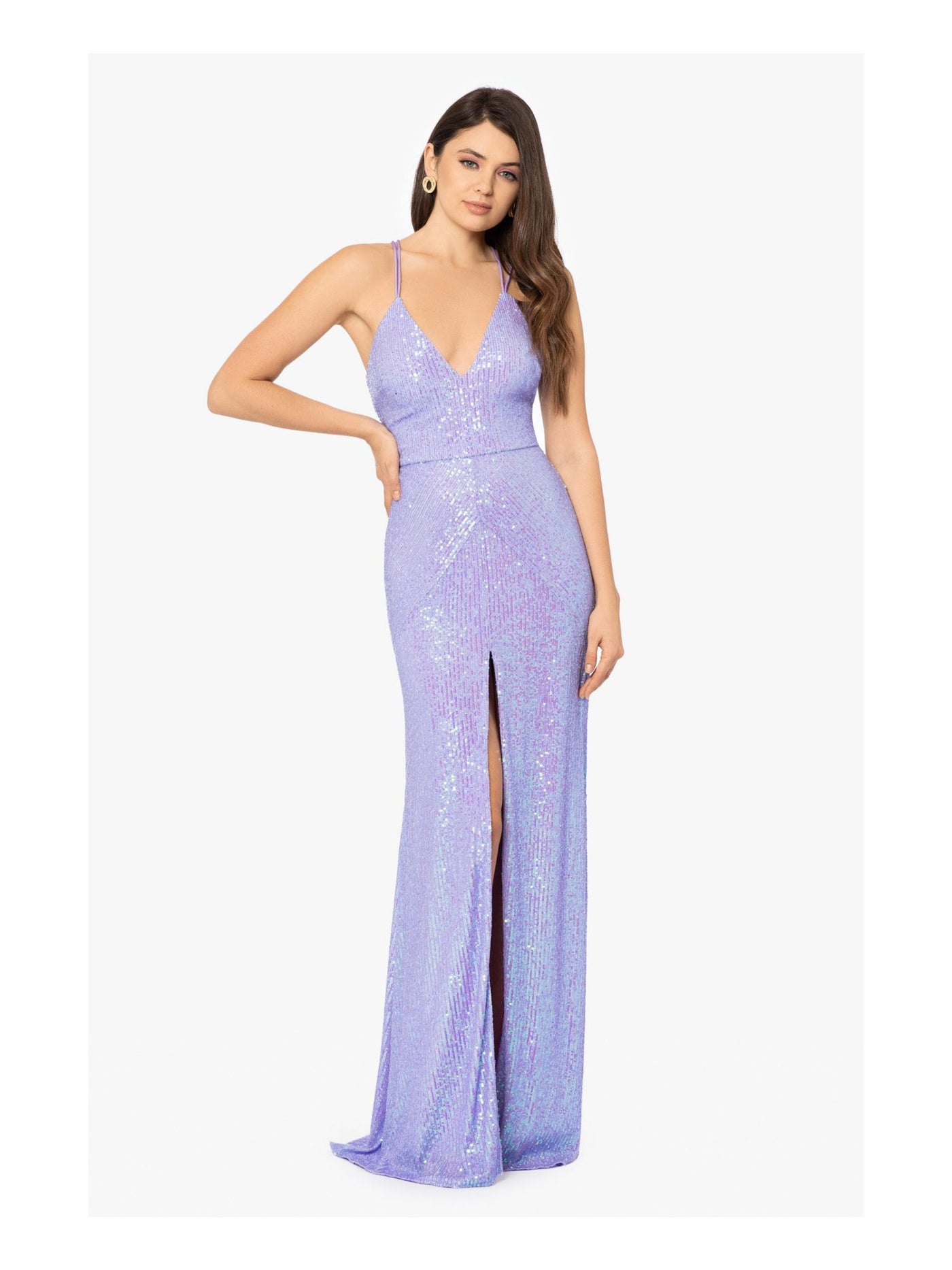 BLONDIE NITES Womens Purple Sequined Zippered Slitted Lined Sleeveless V Neck Full-Length Cocktail Gown Dress Juniors 7