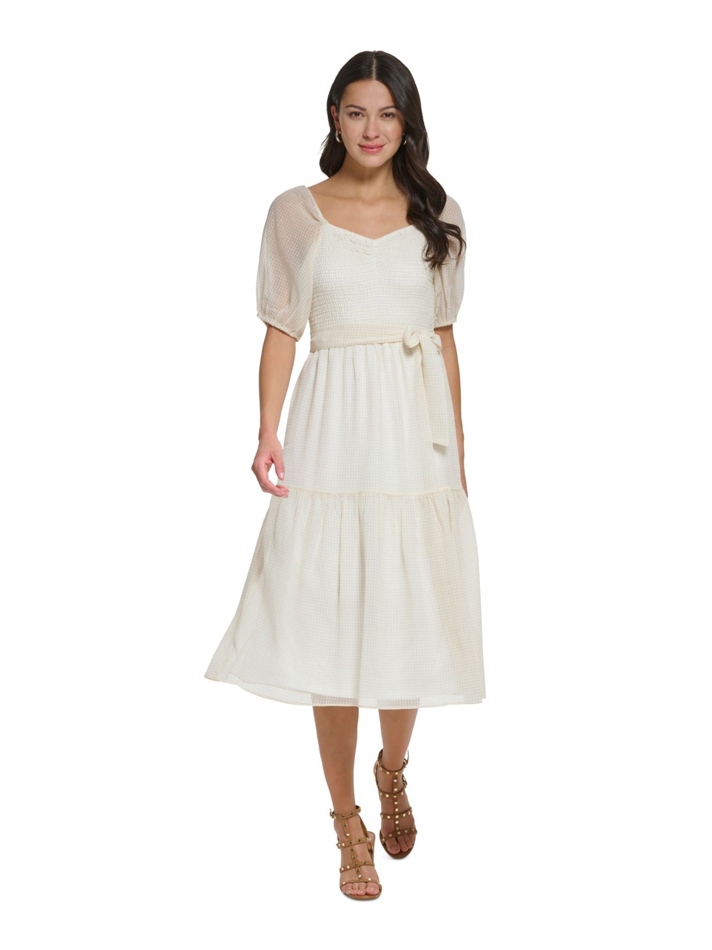 DKNY Womens Beige Smocked Lined Tie-belt Tiered Skirt Pullover Check Pouf Sleeve Sweetheart Neckline Midi Fit + Flare Dress 16