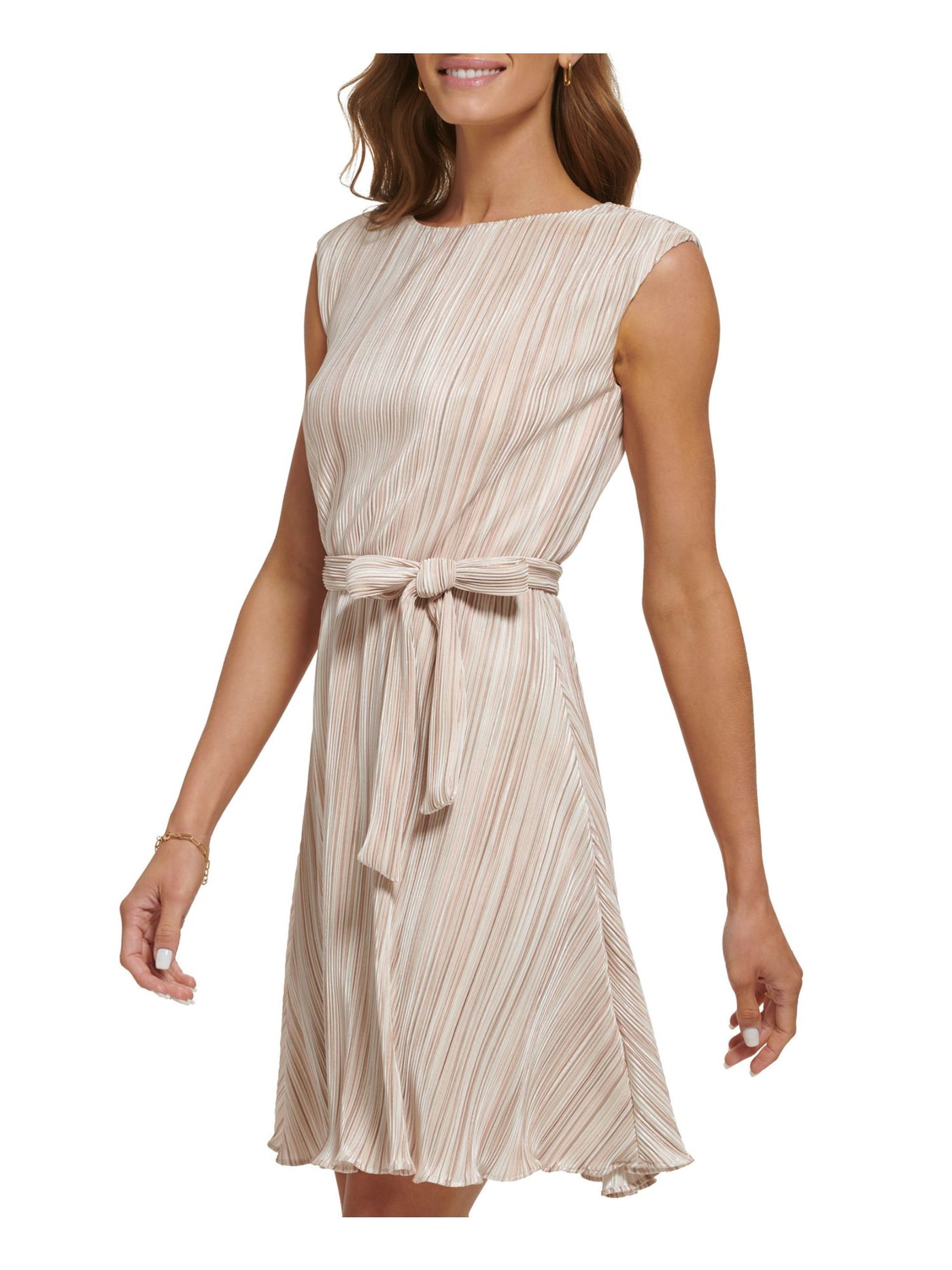DKNY Womens Beige Ruffled Lined Bodice Tie Belt Pullover Pinstripe Sleeveless Round Neck Above The Knee Fit + Flare Dress 16