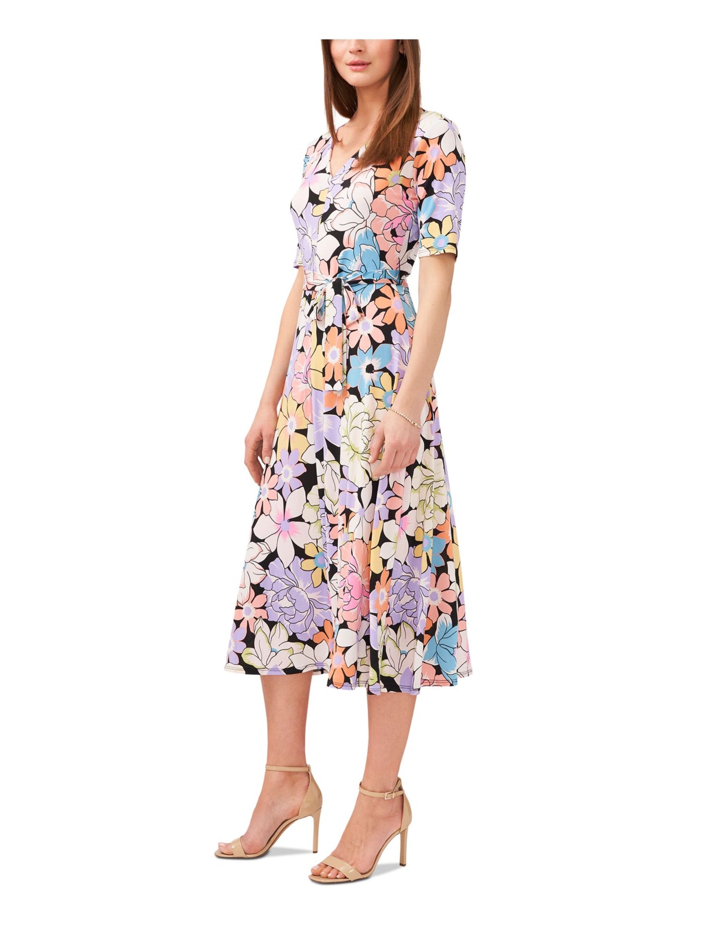 MSK PETITES Womens Black Jersey Tie Floral Short Sleeve V Neck Midi Fit + Flare Dress Petites PL