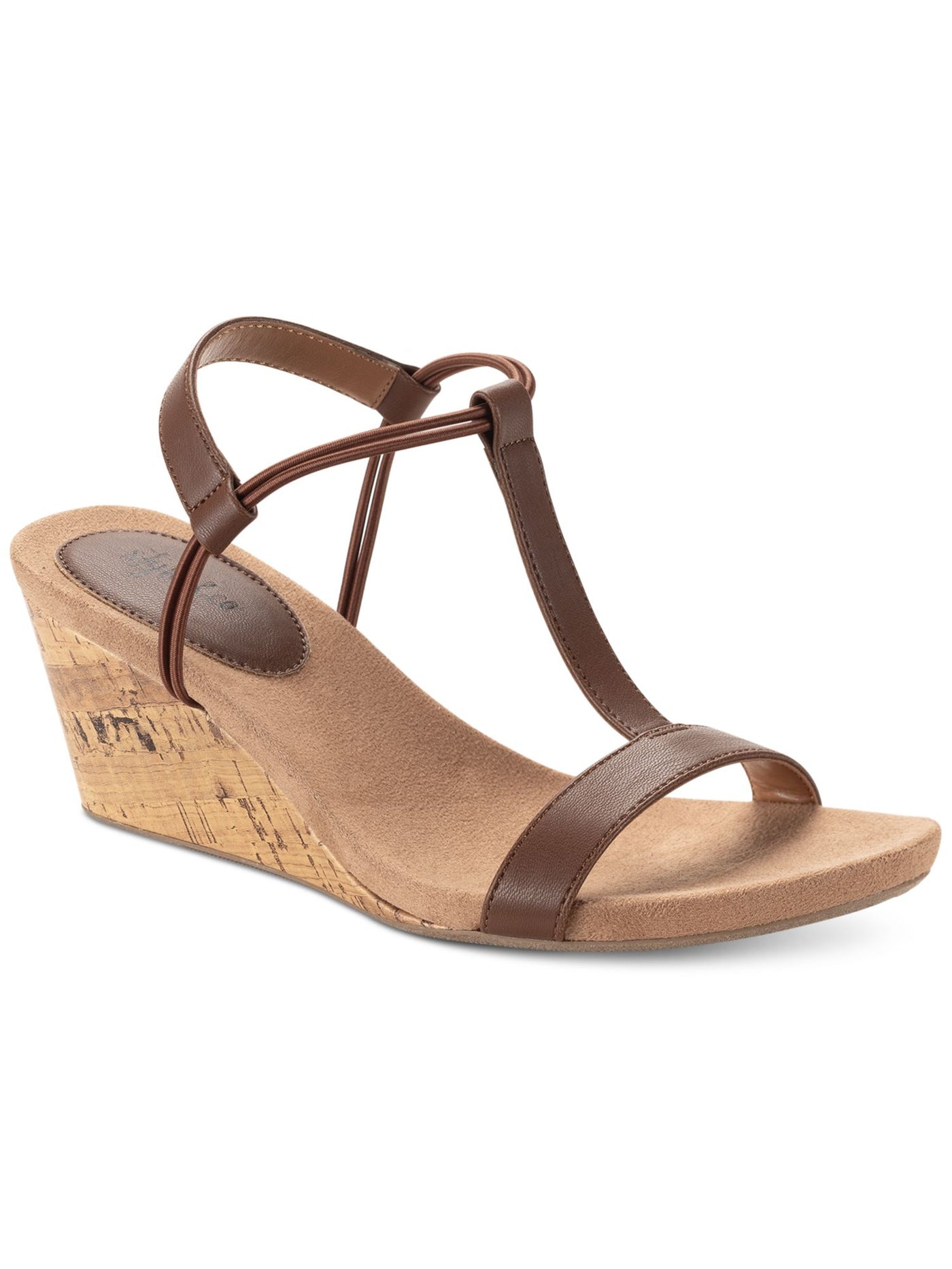 STYLE & COMPANY Womens Brown T-Strap Padded Slip Resistant Stretch Mulan Round Toe Wedge Slip On Slingback Sandal 10.5
