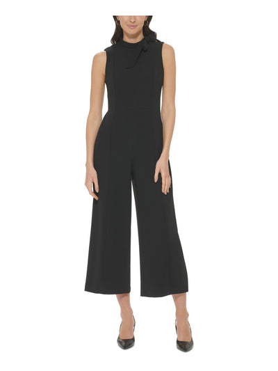 CALVIN KLEIN Womens Black Zippered Bow Accent Cropped Sleeveless Mock Neck Wear To Work Wide Leg Jumpsuit 8