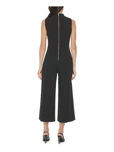 CALVIN KLEIN Womens Black Zippered Bow Accent Cropped Sleeveless Mock Neck Wear To Work Wide Leg Jumpsuit 8