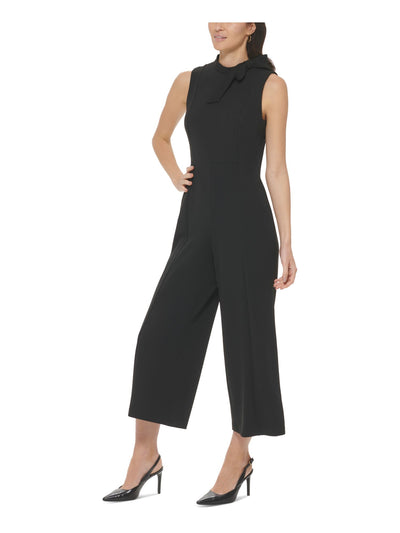 CALVIN KLEIN Womens Black Zippered Bow Accent Cropped Sleeveless Mock Neck Wear To Work Wide Leg Jumpsuit 8