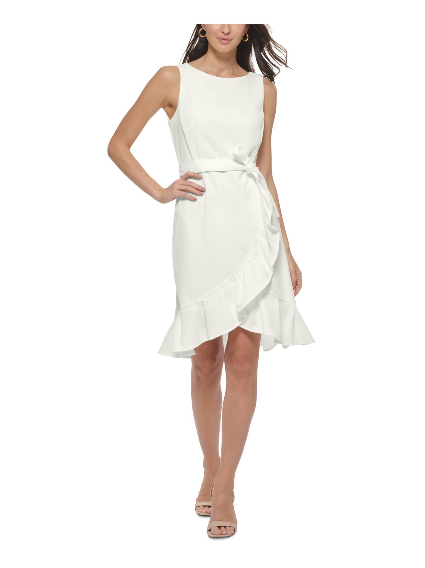 CALVIN KLEIN Womens Ivory Zippered Lined Tie Belt Tulip Hem Darted Ruffle Sleeveless Round Neck Above The Knee Wear To Work Fit + Flare Dress 16