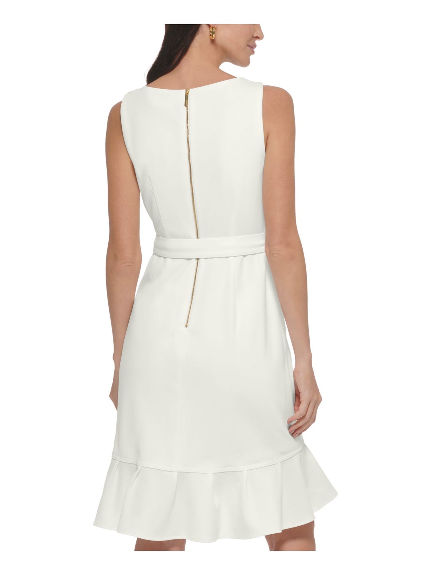 CALVIN KLEIN Womens Ivory Zippered Lined Tie Belt Tulip Hem Darted Ruffle Sleeveless Round Neck Above The Knee Wear To Work Fit + Flare Dress 16
