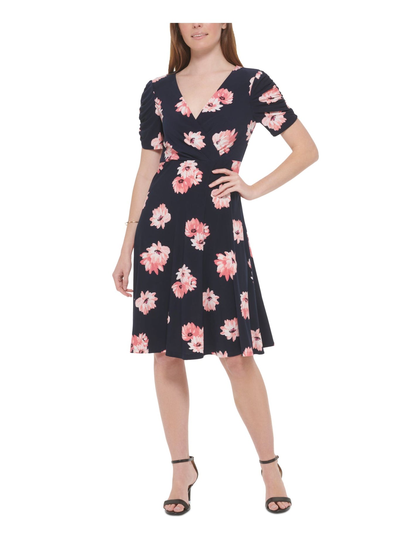 TOMMY HILFIGER Womens Navy Pleated Unlined Floral Short Sleeve Surplice Neckline Knee Length Wear To Work Fit + Flare Dress 10