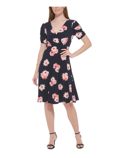 TOMMY HILFIGER Womens Navy Pleated Unlined Floral Short Sleeve Surplice Neckline Knee Length Wear To Work Fit + Flare Dress 10