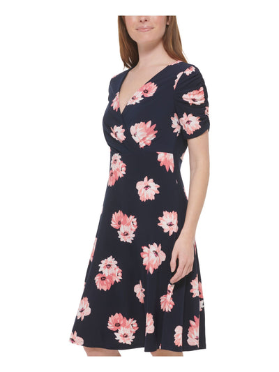 TOMMY HILFIGER Womens Navy Pleated Unlined Floral Short Sleeve Surplice Neckline Knee Length Wear To Work Fit + Flare Dress 10