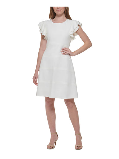 TOMMY HILFIGER Womens White Zippered Darted Lined Flutter Sleeve Round Neck Above The Knee Wear To Work Fit + Flare Dress 4