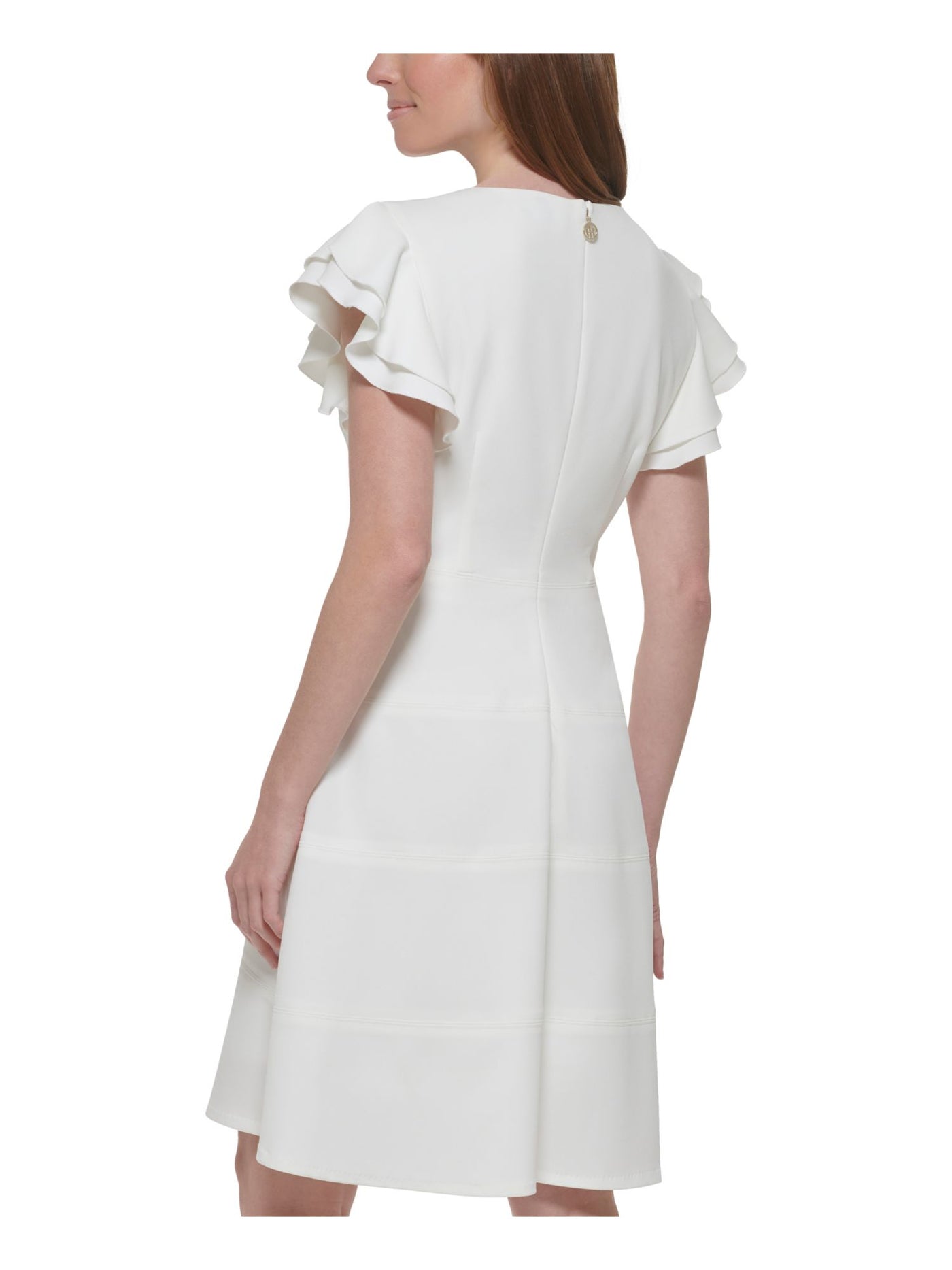 TOMMY HILFIGER Womens White Zippered Darted Lined Flutter Sleeve Round Neck Above The Knee Wear To Work Fit + Flare Dress 4