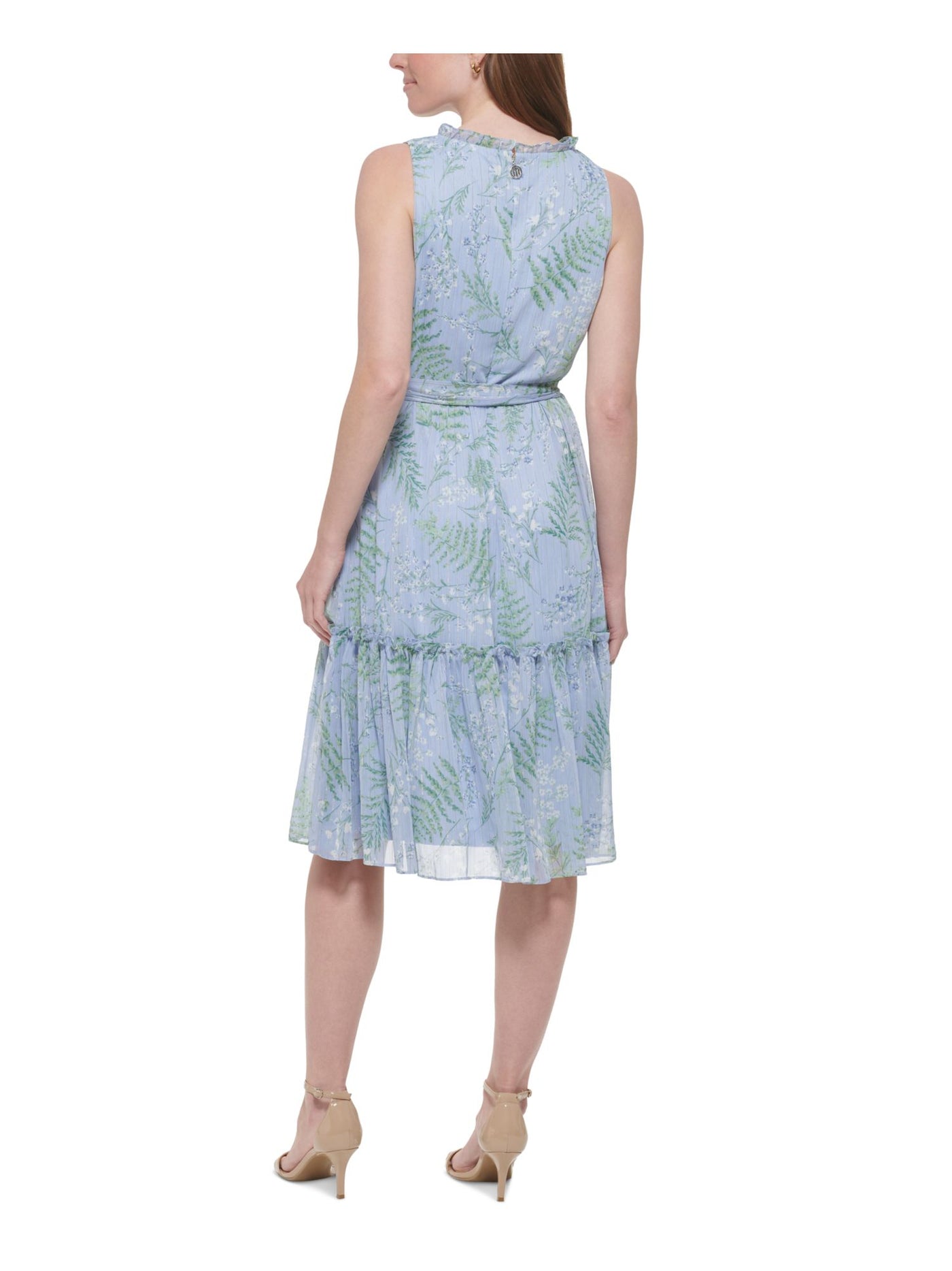 TOMMY HILFIGER Womens Blue Zippered Ruffled Tie Belt Floral Sleeveless Round Neck Midi Fit + Flare Dress 6