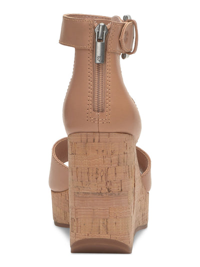 LUCKY BRAND Womens Beige 1" Cork-Like Platform Heel Cut Out Buckled Ankle Strap Padded Himmy Round Toe Wedge Zip-Up Leather Heeled Sandal 8.5 M