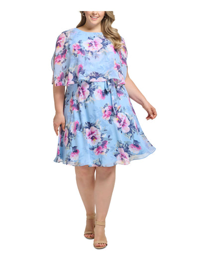 JESSICA HOWARD Womens Light Blue Zippered Floral Elbow Sleeve Crew Neck Knee Length Wear To Work Shift Dress Plus 22W