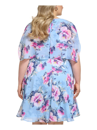 JESSICA HOWARD Womens Light Blue Zippered Floral Elbow Sleeve Crew Neck Knee Length Wear To Work Shift Dress Plus 22W