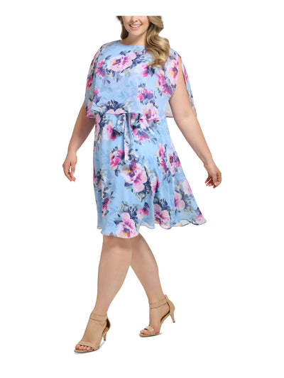 JESSICA HOWARD Womens Light Blue Zippered Floral Elbow Sleeve Crew Neck Knee Length Wear To Work Shift Dress Plus 22W