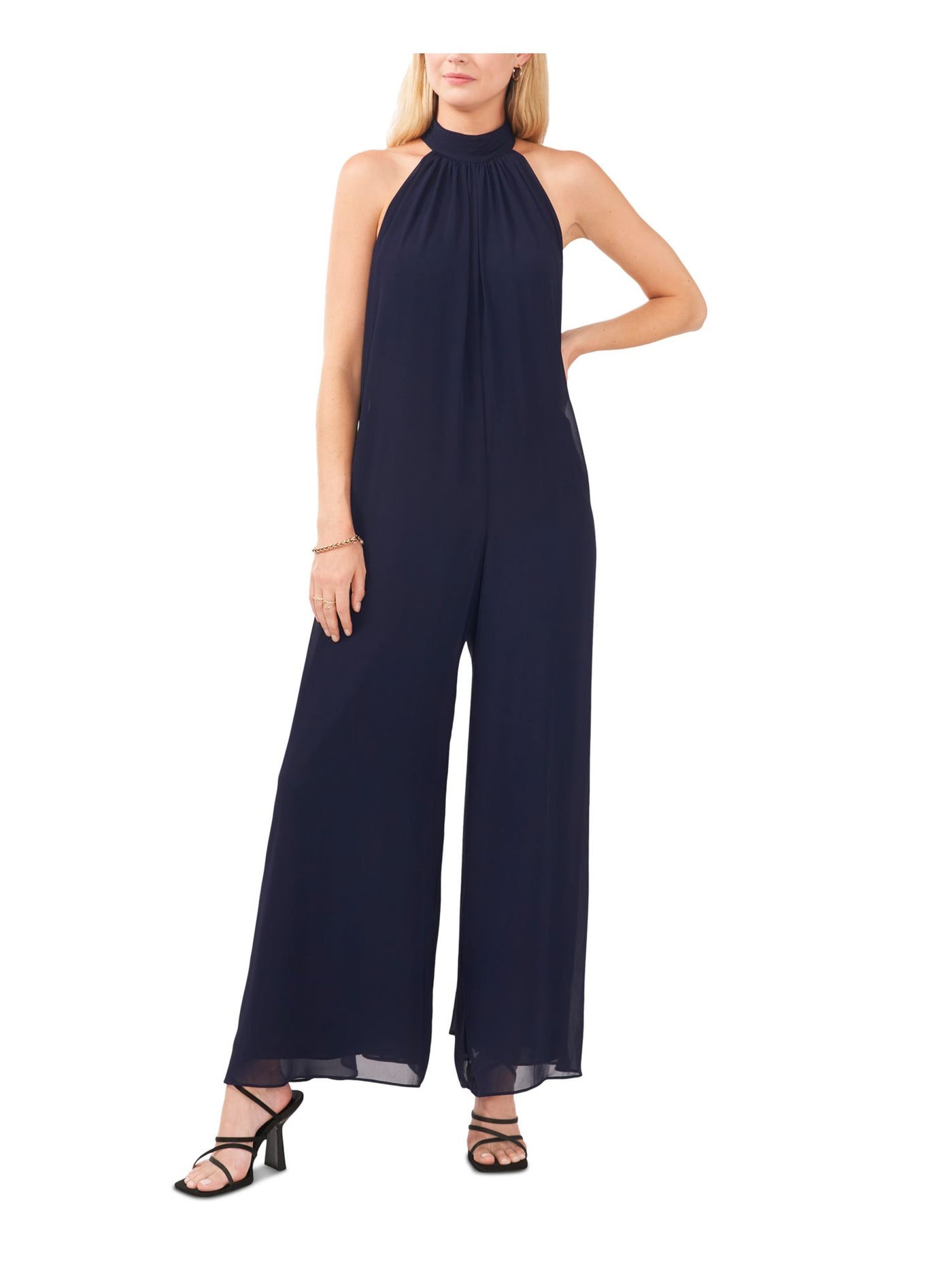 VINCE CAMUTO Womens Navy Zippered Tie Lined Sheer Waistless Sleeveless Halter Evening Wide Leg Jumpsuit XS