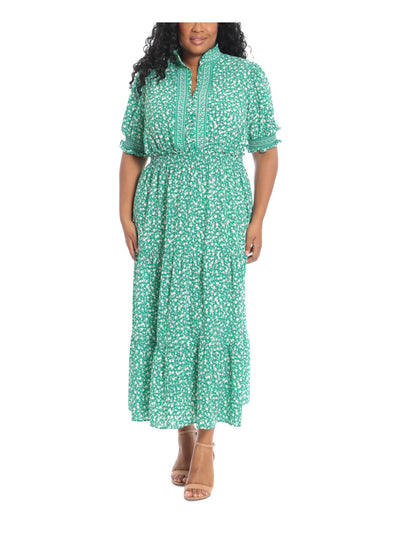 LONDON TIMES WOMAN Womens Green Unlined Smocked Waist Tiered Skirt Floral Short Sleeve Split Maxi Fit + Flare Dress Plus 16W