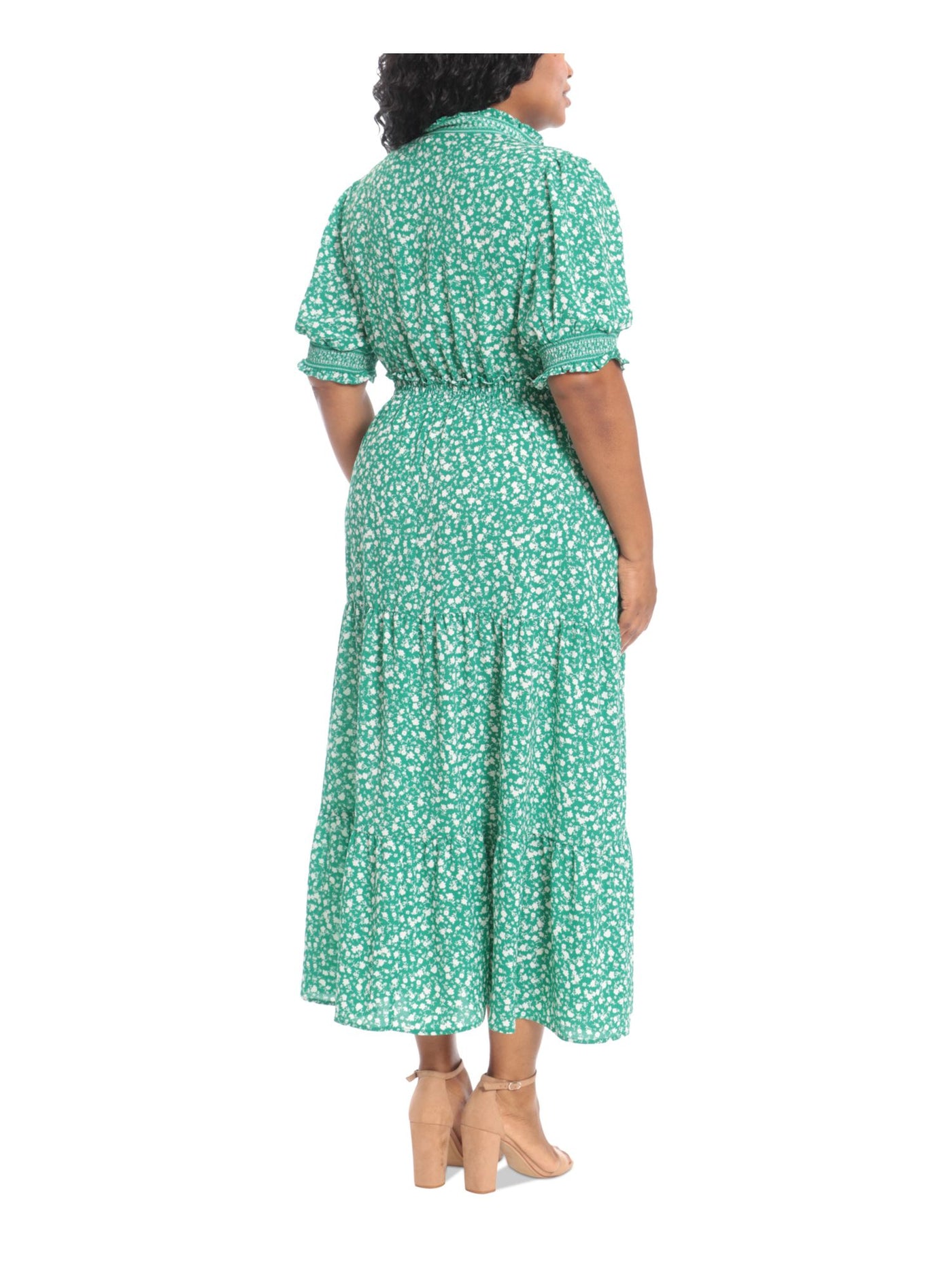 LONDON TIMES WOMAN Womens Green Unlined Smocked Waist Tiered Skirt Floral Short Sleeve Split Maxi Fit + Flare Dress Plus 16W