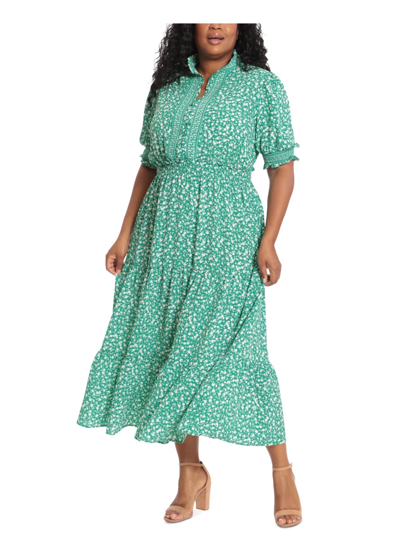 LONDON TIMES WOMAN Womens Green Unlined Smocked Waist Tiered Skirt Floral Short Sleeve Split Maxi Fit + Flare Dress Plus 16W