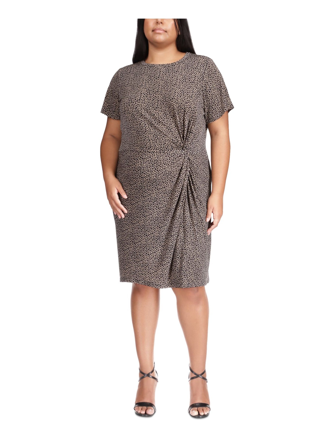 MICHAEL MICHAEL KORS Womens Beige Unlined Front-side Twist-detail Pullover Short Sleeve Crew Neck Above The Knee Wear To Work Shift Dress Plus 1X