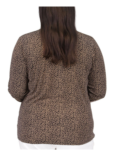 MICHAEL MICHAEL KORS Womens Beige Twist Front Cut Out Animal Print Long Sleeve Keyhole Wear To Work Top Plus 0X
