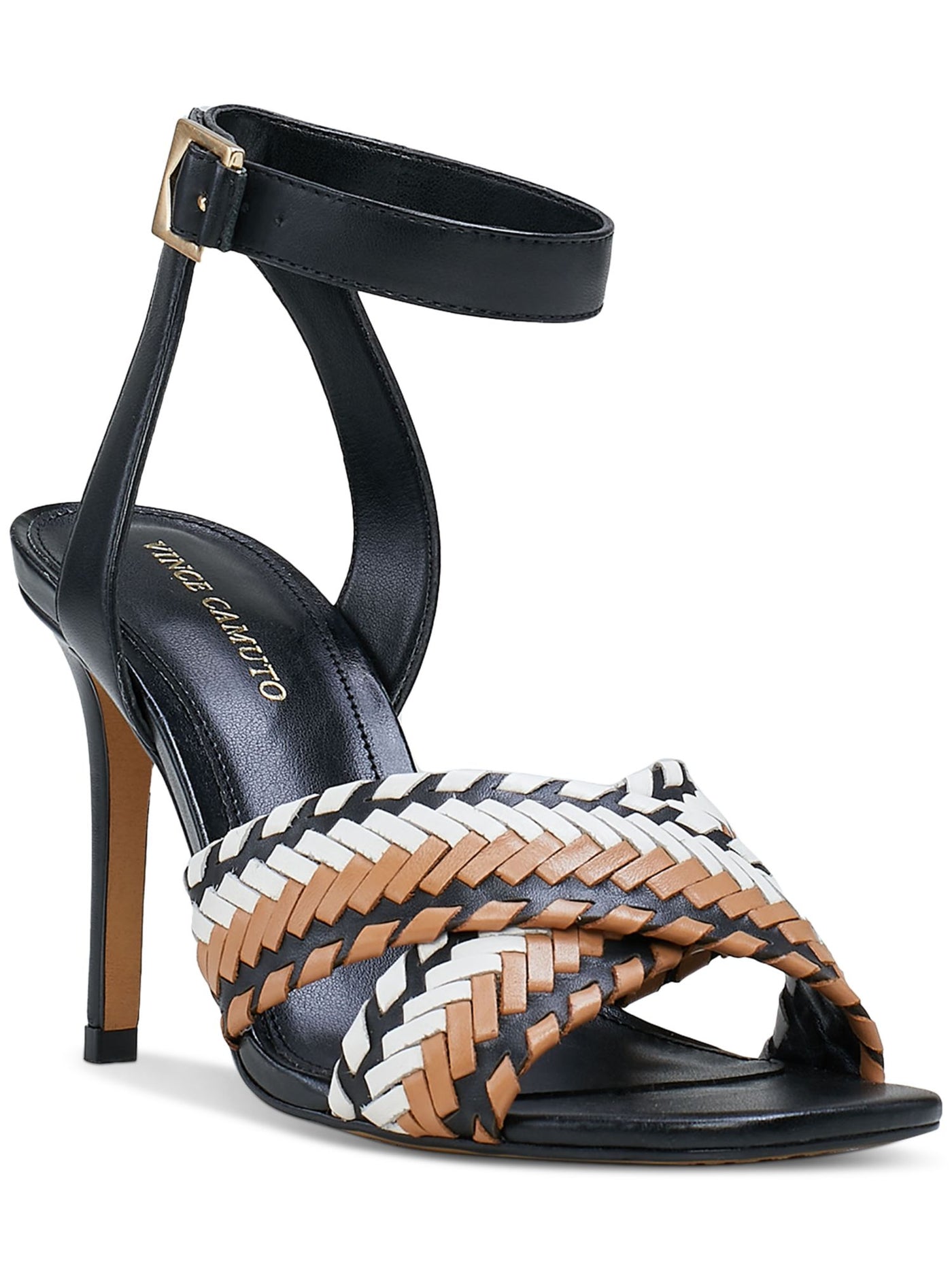 VINCE CAMUTO Womens Black Colorblocked Stripe Padded Ankle Strap Woven Ambrinna Square Toe Stiletto Buckle Leather Dress Heeled Sandal 7.5 M