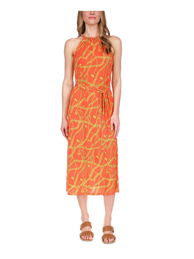MICHAEL MICHAEL KORS Womens Orange Unlined Slitted Chain Collar Tie Belt Printed Sleeveless Halter Midi Cocktail Fit + Flare Dress M