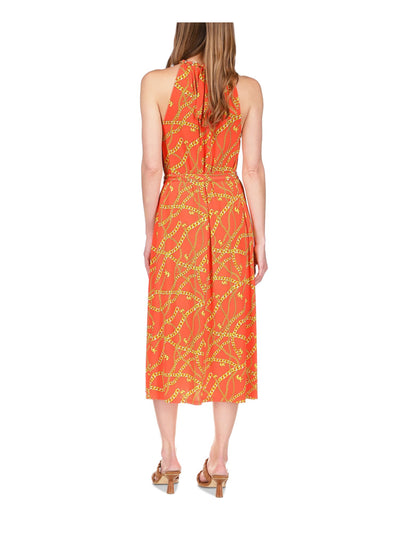 MICHAEL MICHAEL KORS Womens Orange Unlined Slitted Chain Collar Tie Belt Printed Sleeveless Halter Midi Cocktail Fit + Flare Dress S