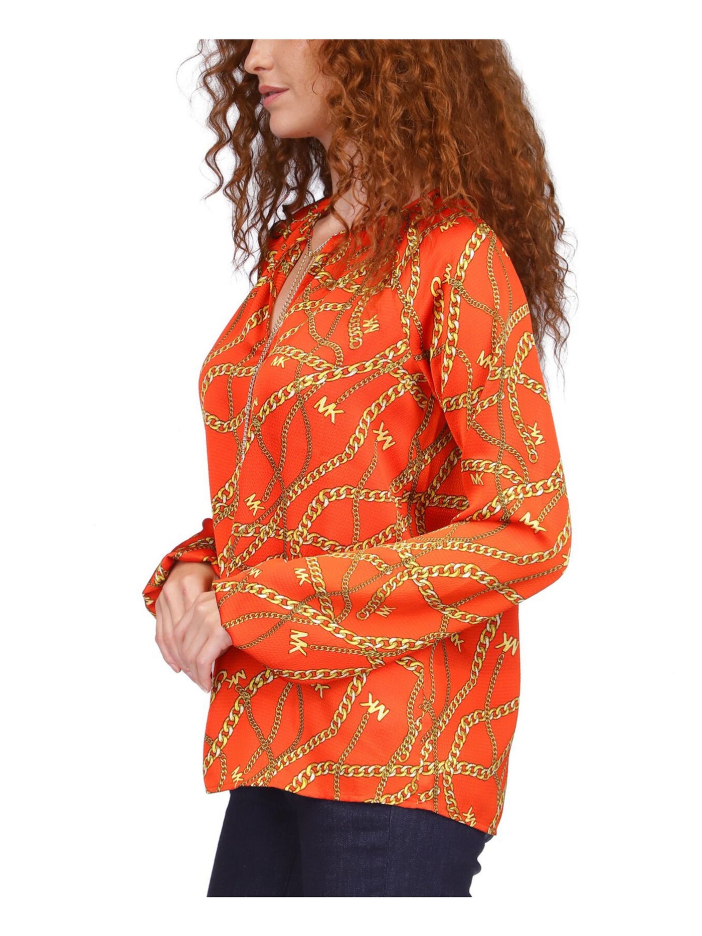 MICHAEL MICHAEL KORS Womens Orange Gathered Unlined Chain Tie Logo Graphic Long Sleeve Split Top S