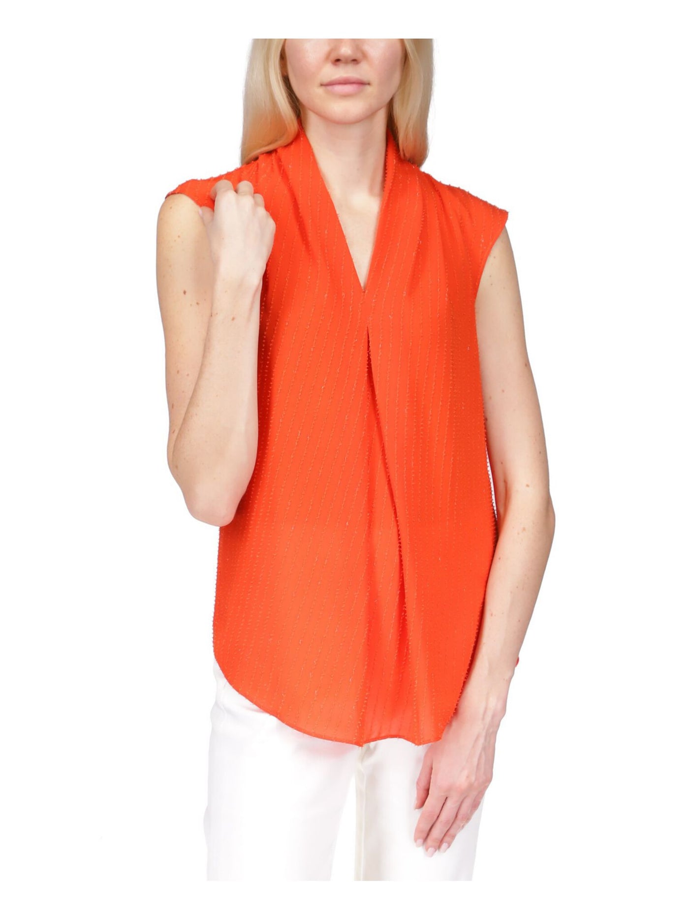 MICHAEL MICHAEL KORS Womens Orange Textured Pleated Curved Hem Cap Sleeve V Neck Top S