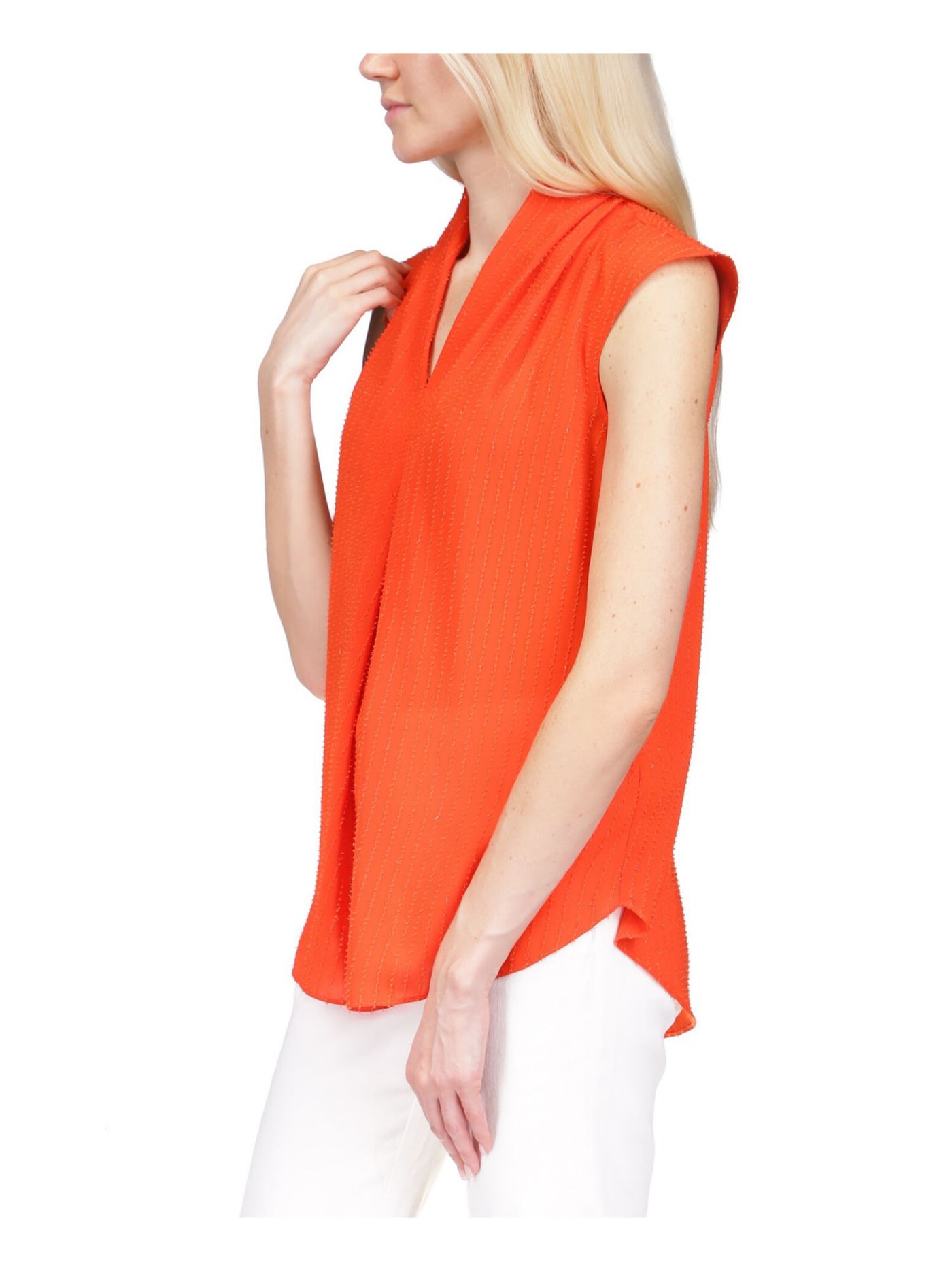 MICHAEL MICHAEL KORS Womens Orange Textured Pleated Curved Hem Cap Sleeve V Neck Top S