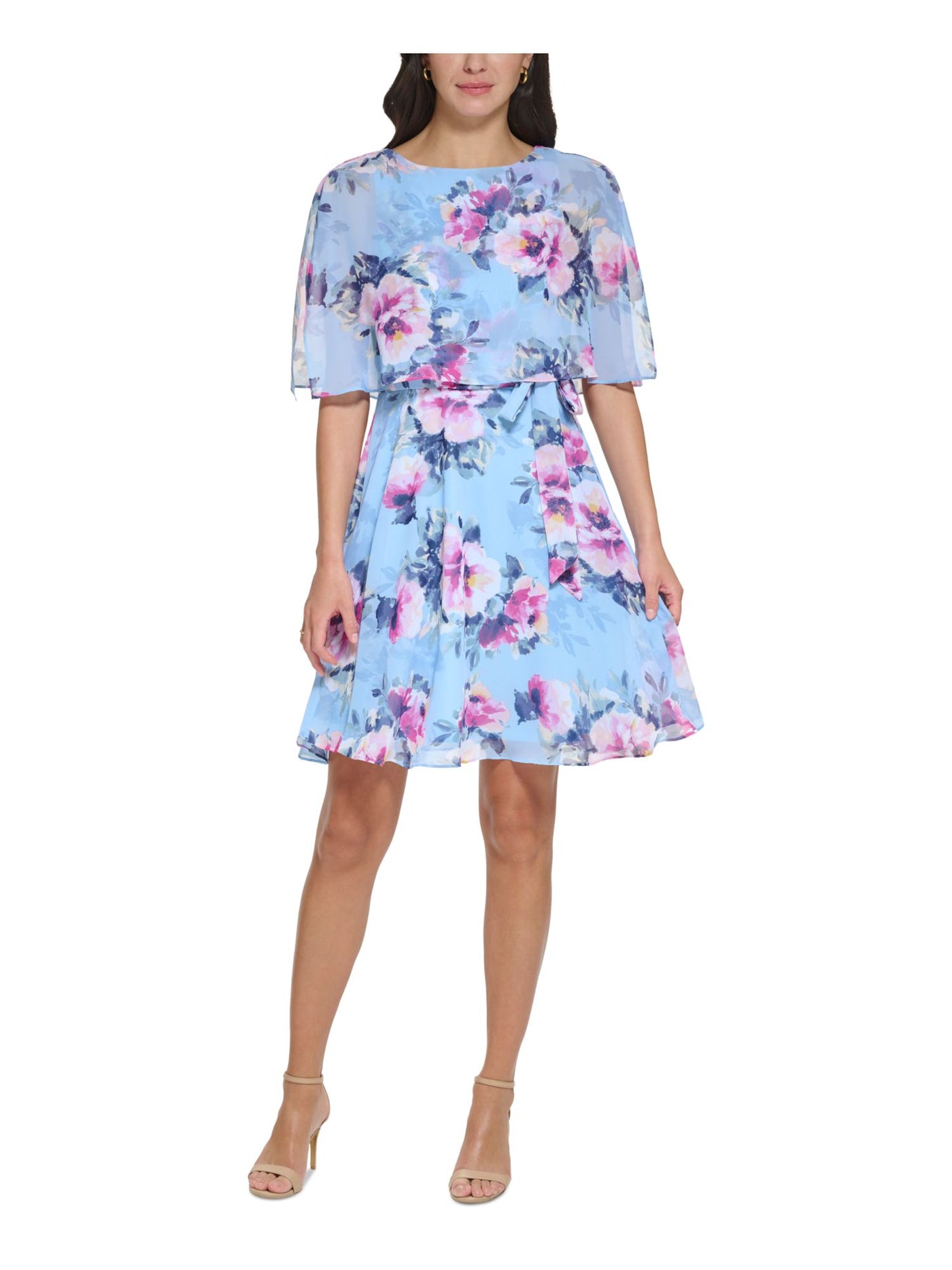 JESSICA HOWARD Womens Light Blue Zippered Belted Sheer Overlay Lined Floral Flutter Sleeve Boat Neck Above The Knee Party Fit + Flare Dress Petites 10P