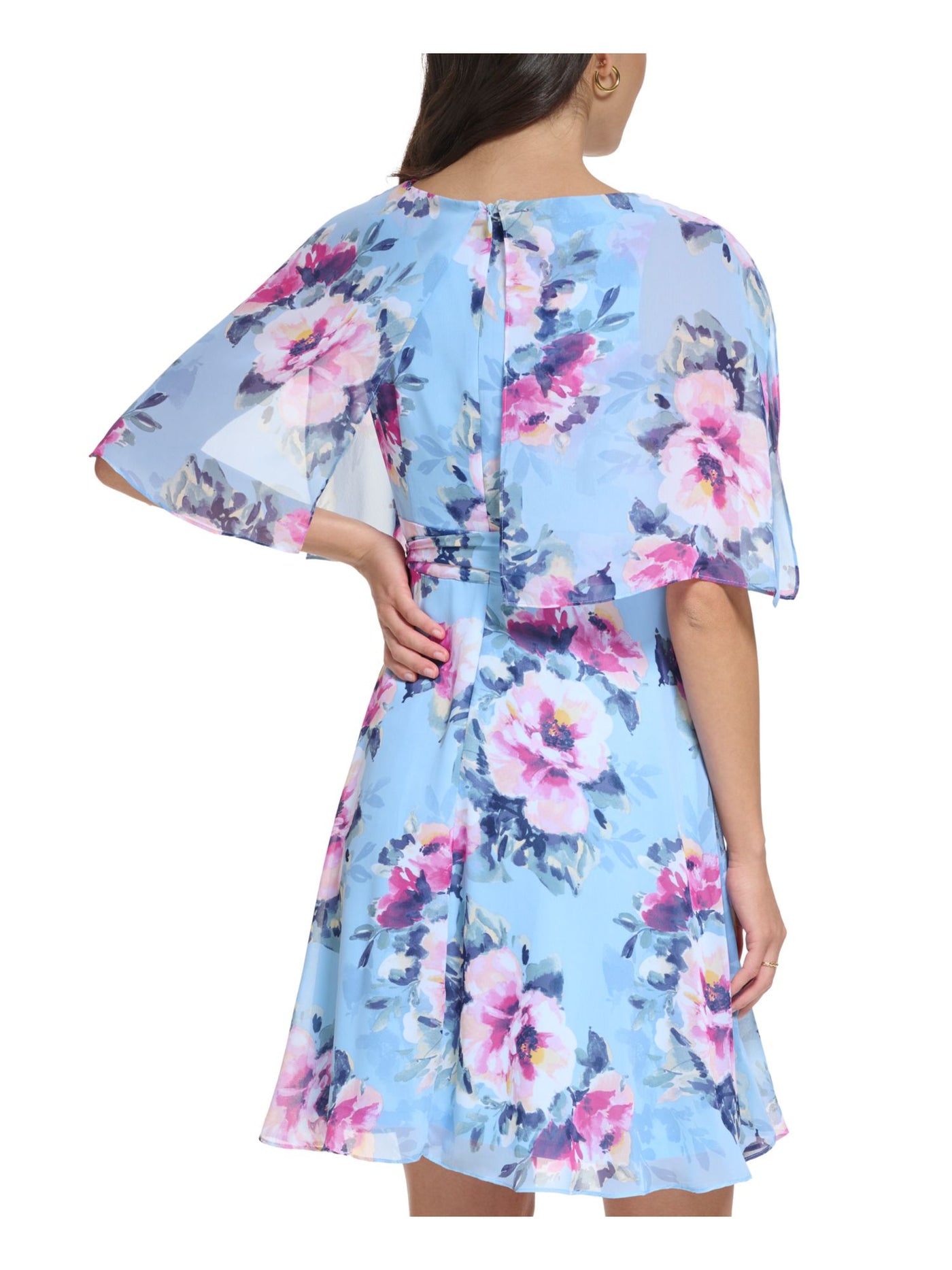 JESSICA HOWARD Womens Light Blue Zippered Belted Sheer Overlay Lined Floral Flutter Sleeve Boat Neck Above The Knee Party Fit + Flare Dress Petites 10P
