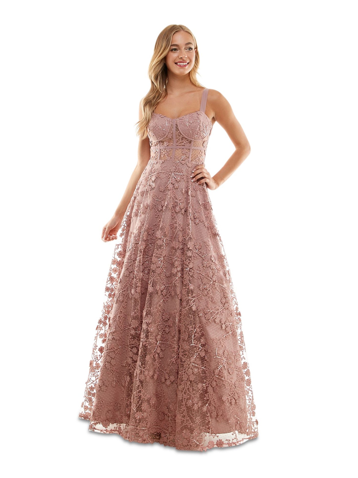 SAY YES TO THE PROM Womens Pink Zippered Lined Sheer Cage Structured Bodice Sleeveless Sweetheart Neckline Full-Length Prom Gown Dress Juniors 1