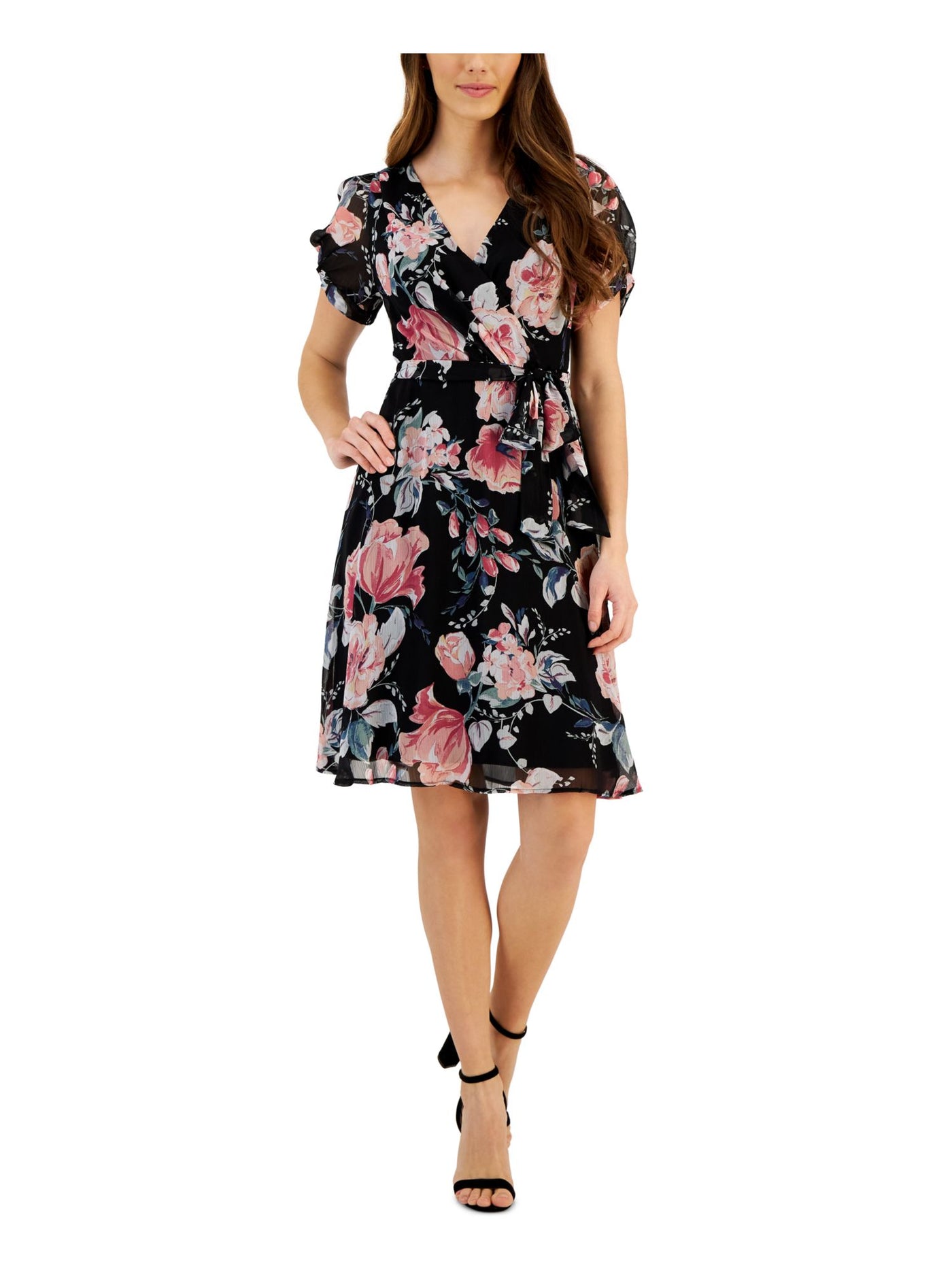 CONNECTED APPAREL Womens Black Gathered Zippered Self-tie Belt Lined Floral Short Sleeve Surplice Neckline Above The Knee Party Sheath Dress 10