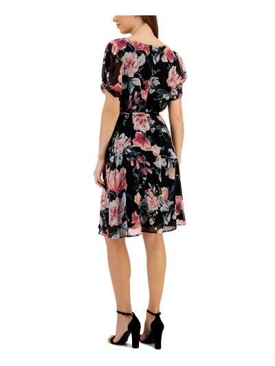 CONNECTED APPAREL Womens Black Gathered Zippered Self-tie Belt Lined Floral Short Sleeve Surplice Neckline Above The Knee Party Sheath Dress 10