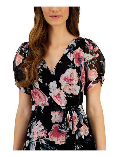 CONNECTED APPAREL Womens Black Gathered Zippered Self-tie Belt Lined Floral Short Sleeve Surplice Neckline Above The Knee Party Sheath Dress 10