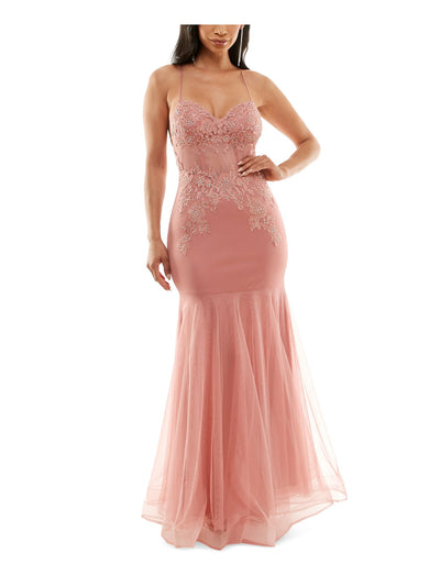 BCX DRESS Womens Pink Rhinestone Zippered Lined Floral Spaghetti Strap V Neck Maxi Cocktail Mermaid Dress 7
