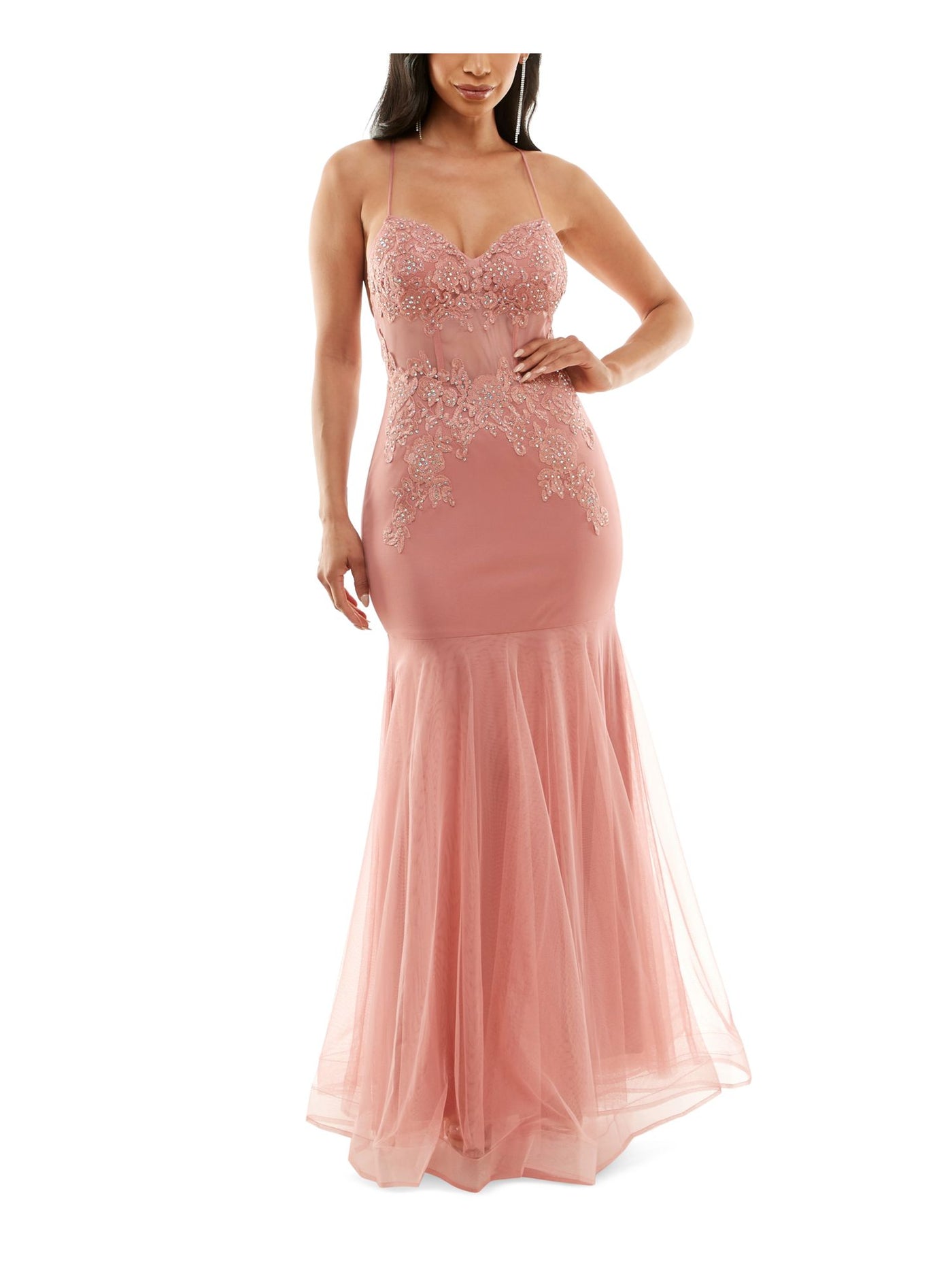 BCX DRESS Womens Pink Rhinestone Zippered Lined Floral Spaghetti Strap V Neck Maxi Cocktail Mermaid Dress 9