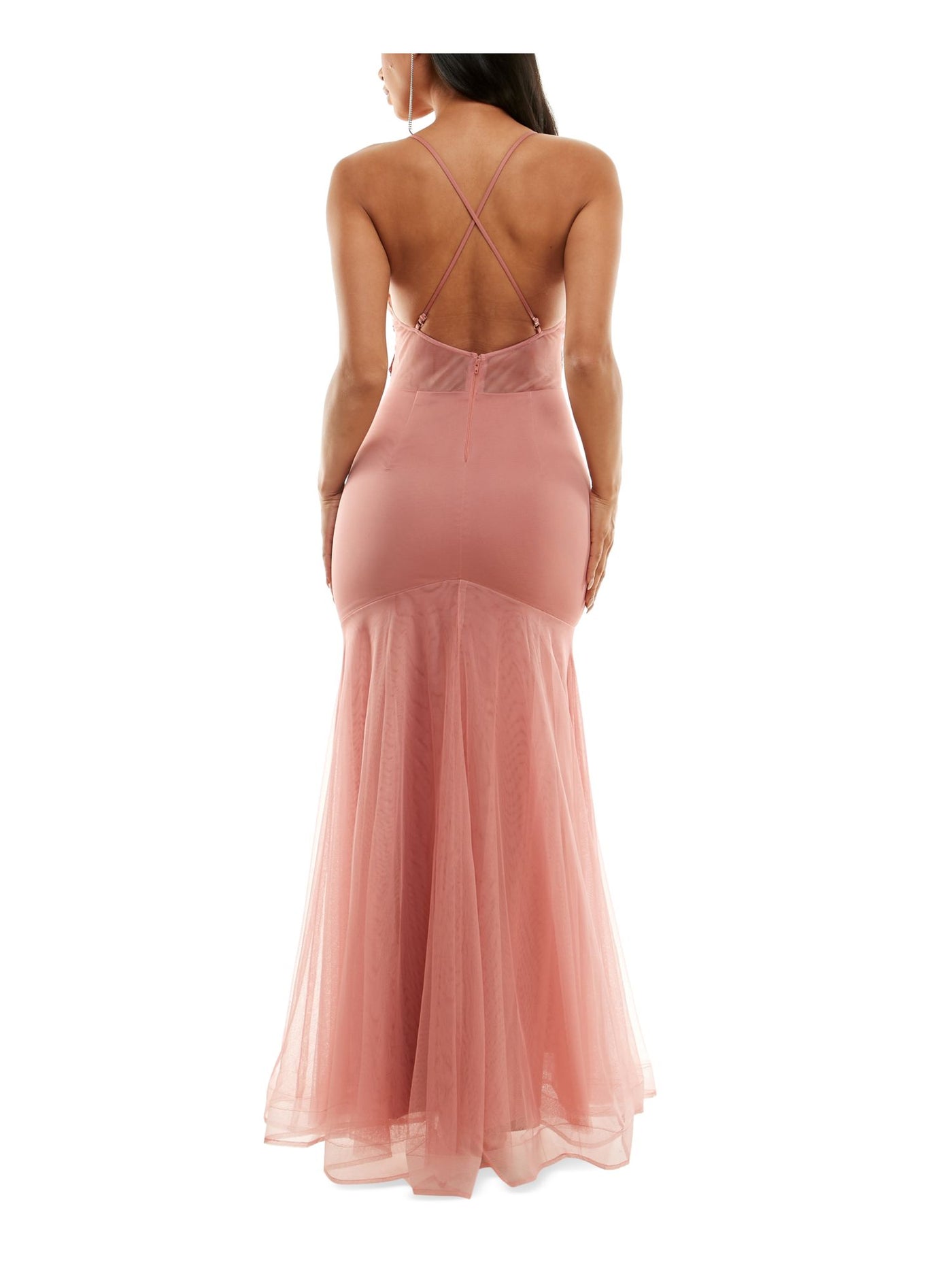 BCX DRESS Womens Pink Rhinestone Zippered Lined Floral Spaghetti Strap V Neck Maxi Cocktail Mermaid Dress 9