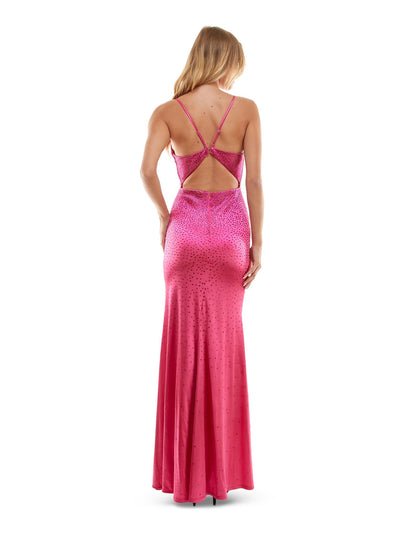 SAY YES TO THE PROM Womens Pink Embellished Zippered Padded Cups Cutout Back Lined Spaghetti Strap V Neck Full-Length Prom Gown Dress Juniors 7
