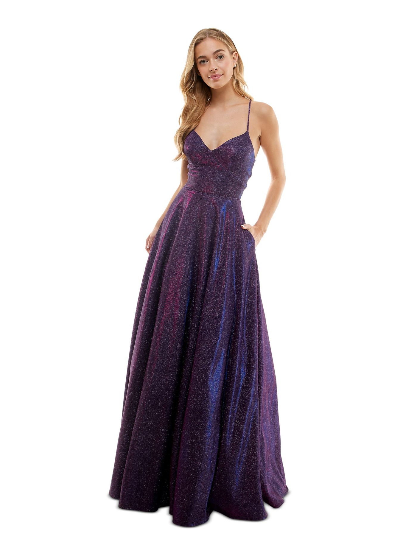 CITY STUDIO Womens Purple Zippered Lace-up Low Back Lined Spaghetti Strap V Neck Full-Length Prom Gown Dress Juniors 7